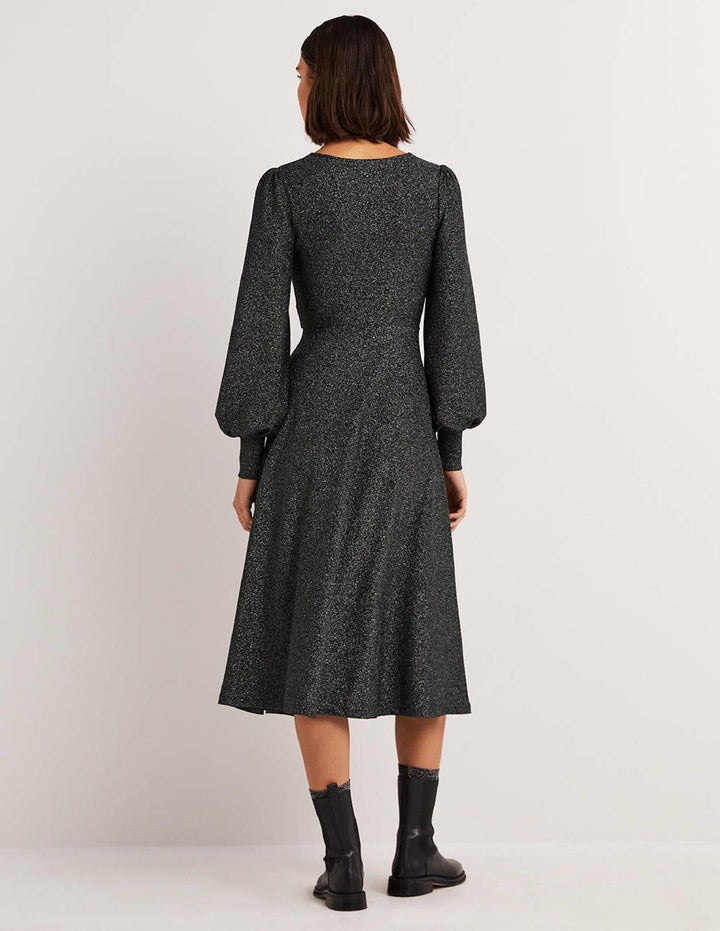 Black Sparkle Metallic Jersey Midi Dress-Black Sparkle